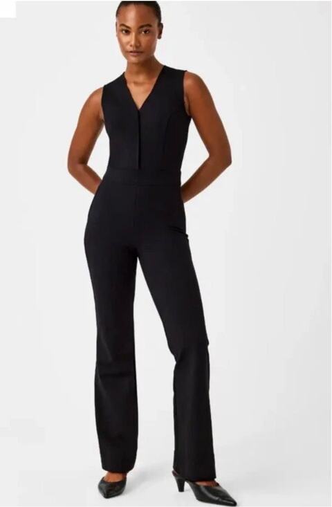 SPANX Pants - Spanx The Perfect Sleeveless Jumpsuit Black Ponte Flare Stretch 20383Q Size XL